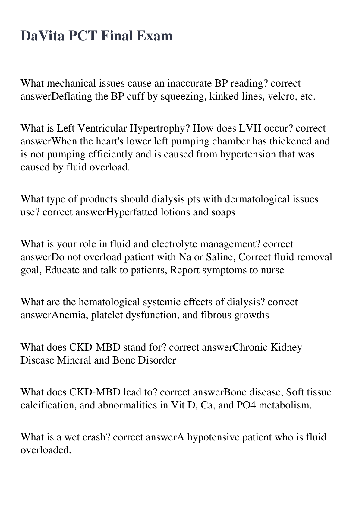 Preview image for DaVita PCT Final Exam 2022/2023 with 100% correct answers